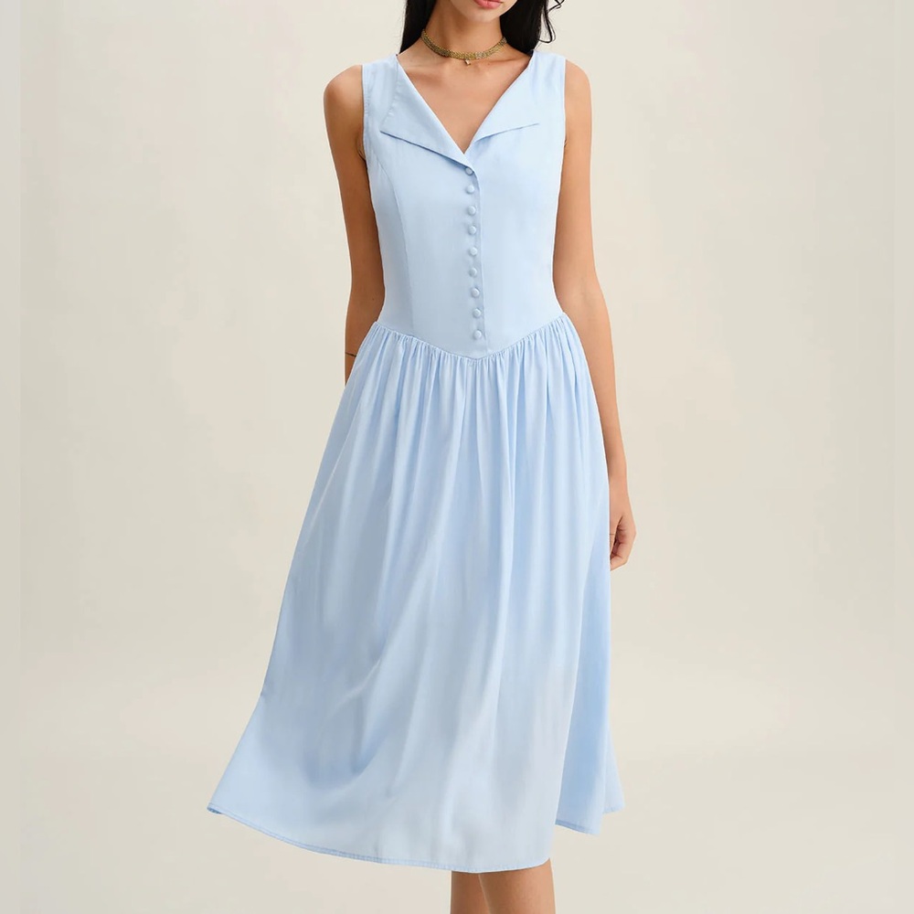 Rihoas Blue V Neck Button Sleeveless Midi Dress